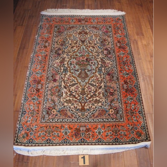 VINTAGE Handmade silk qom persian rug
